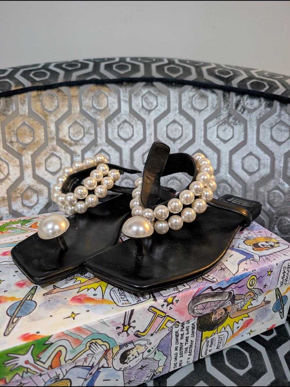 Jeffrey Campbell Chateau Black Pearl-Embellished Women's Thong Sandals